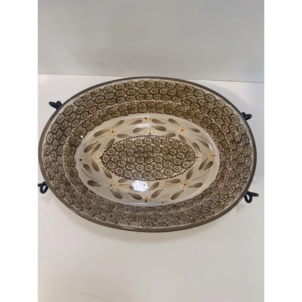 Temptations by Tara Old World BROWN 2 QT Oval Casserole Dish Rack Trivet 3 Pcs